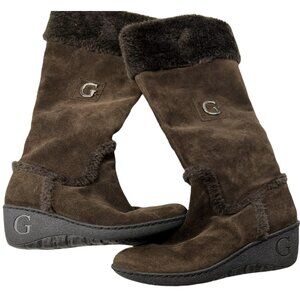 GUESS Boots Womens Size 8 Brown Suede Faux Fur Lined Wedge Winter Zip G Logo